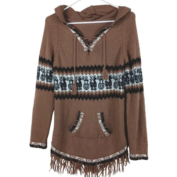 Albinaas Alpaca Hooded Sweater With Llama Pattern & Fringe Size Small Brown - Picture 2 of 11